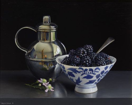 Jessica Brown - Still Life with Blackberries in a Porcelain Bowl and Silver Jersey Cream Jug
