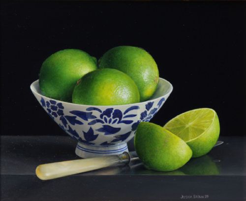 Jessica Brown - Still Life with Limes in a Porcelain Bowl and Cut Lime