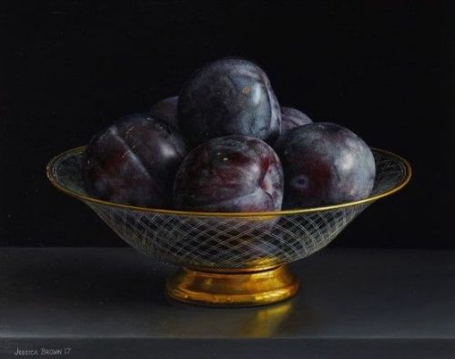 Jessica Brown - Still Life with Black Plums in an Engraved and Gilded Glass Bowl