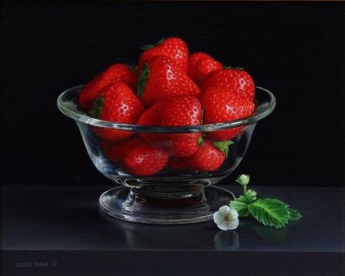 Jessica Brown -  Still Life with Strawberries in a Crystal Bowl, Strawberry Leaves and Flower