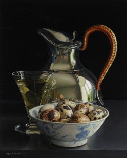 Jessica Brown - Still Life with White Wine, Quails Eggs and Silver Jug with Wicker Handle