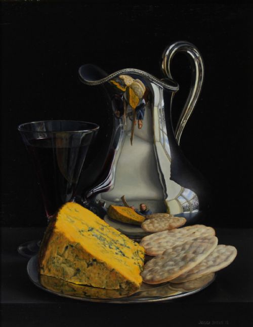 Jessica Brown - Still Life with Silver Jug, Claret and Blacksticks Blue Cheese