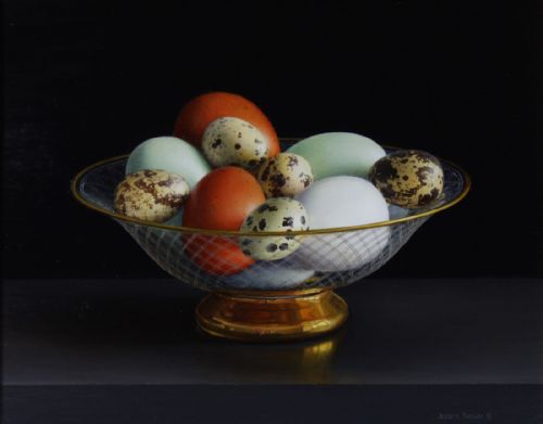 Jessica Brown - Still Life with Burford Brown, Cotswold Legbar and Quails Eggs in an Engraved and Gilded Glass Bowl