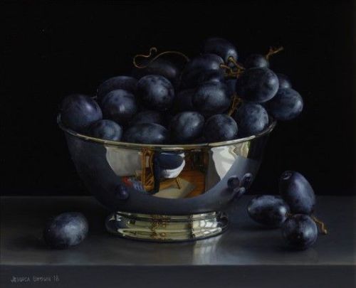 Jessica Brown - Still Life with Black Grapes in a Silver Bowl