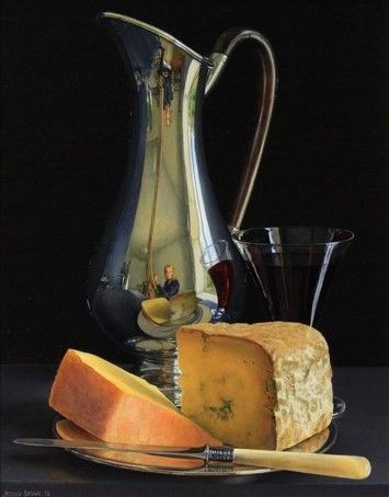 Jessica Brown - Still Life with Silver Art Nouveau Jug, Dorset Blue Vinny and Ogleshield Cheese