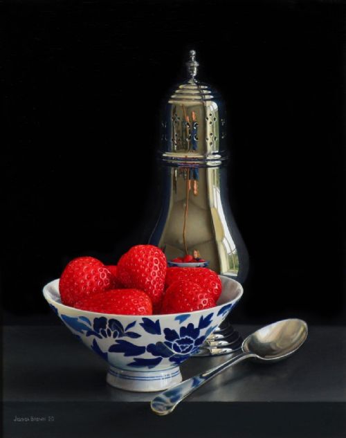 Jessica Brown -  Still Life with Silver Sugar Shaker and Strawberries in a Chinese Porcelain Bowl