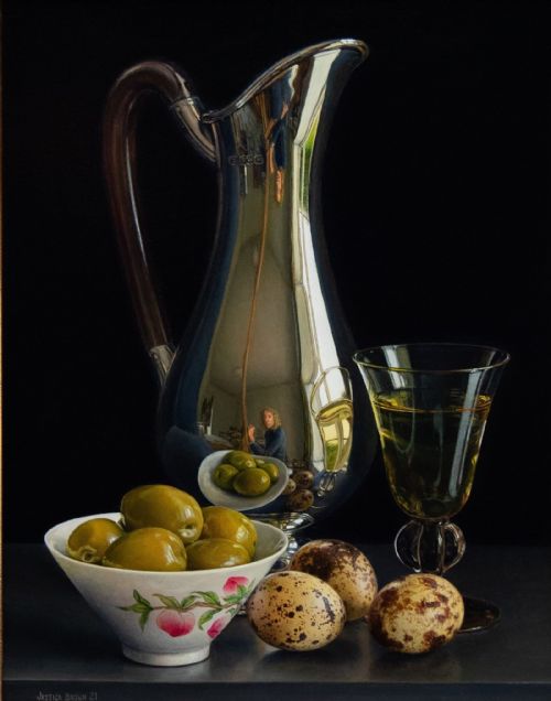 Jessica Brown - Still Life with Silver Jug, Quails Eggs and Olives in a Famille Rose Porcelain Bowl