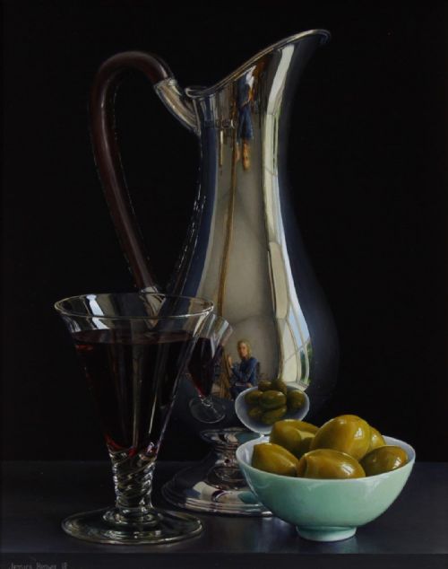 Jessica Brown - Still Life with Olives, Claret and Silver Art Nouveau Jug