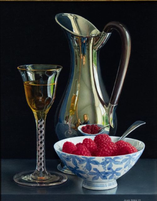 Jessica Brown - Still Life with Raspberries, Dessert Wine and Silver Jug