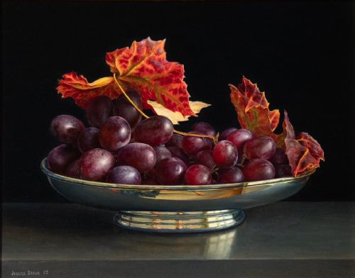 Jessica Brown - Still Life with Grapes and Vine Leaves in an Oval Silver Bowl