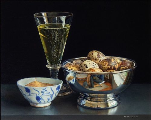 Jessica Brown - Still Life with Quails Eggs, Champagne and Celery Salt