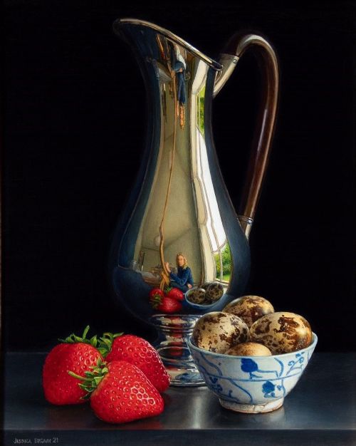Jessica Brown - Still Life with Silver Jug, Quails Eggs and Three Strawberries